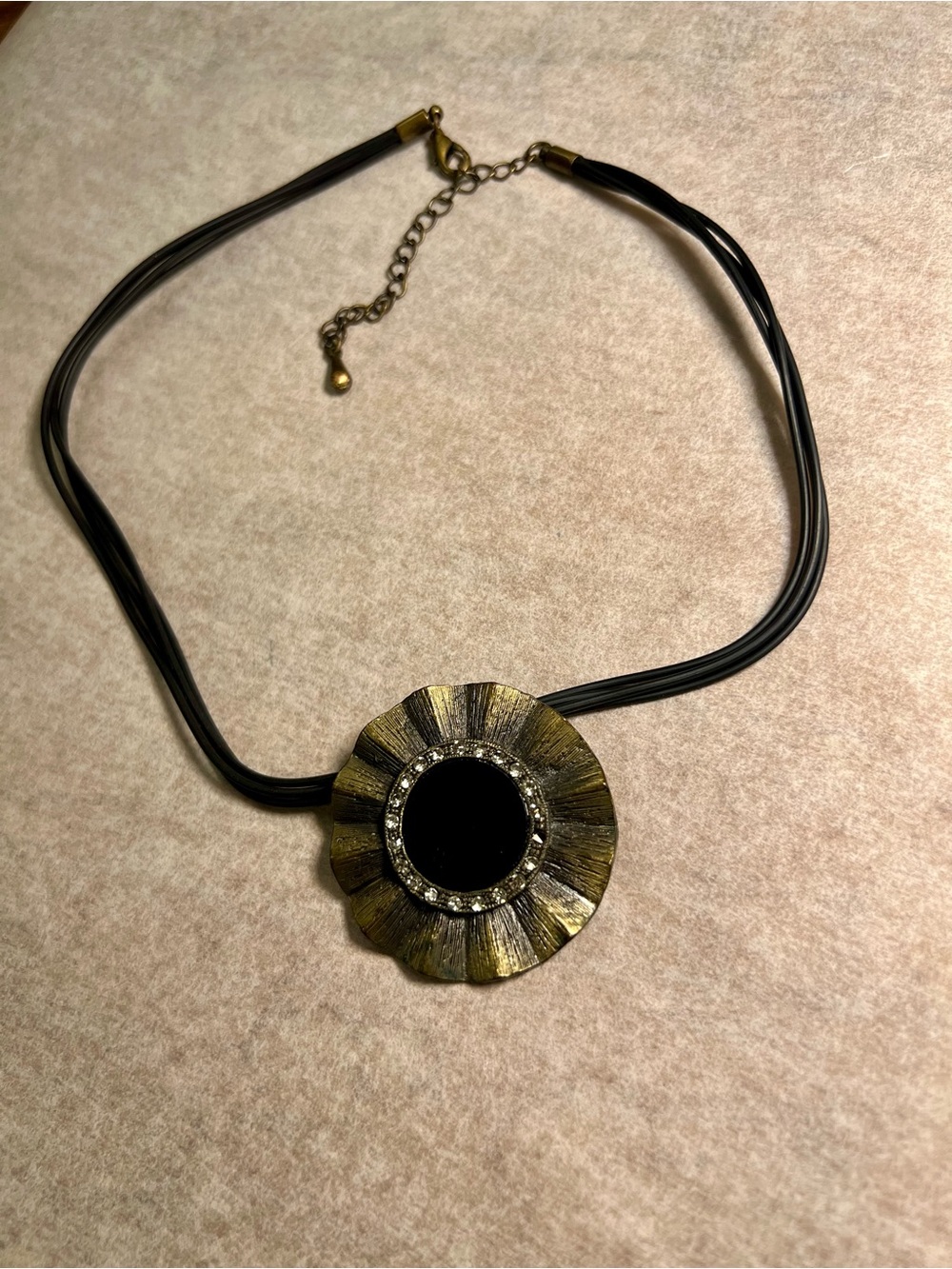 Vintage Gold Sunburst Medallion Multi Strand Black Cord Choker Necklace